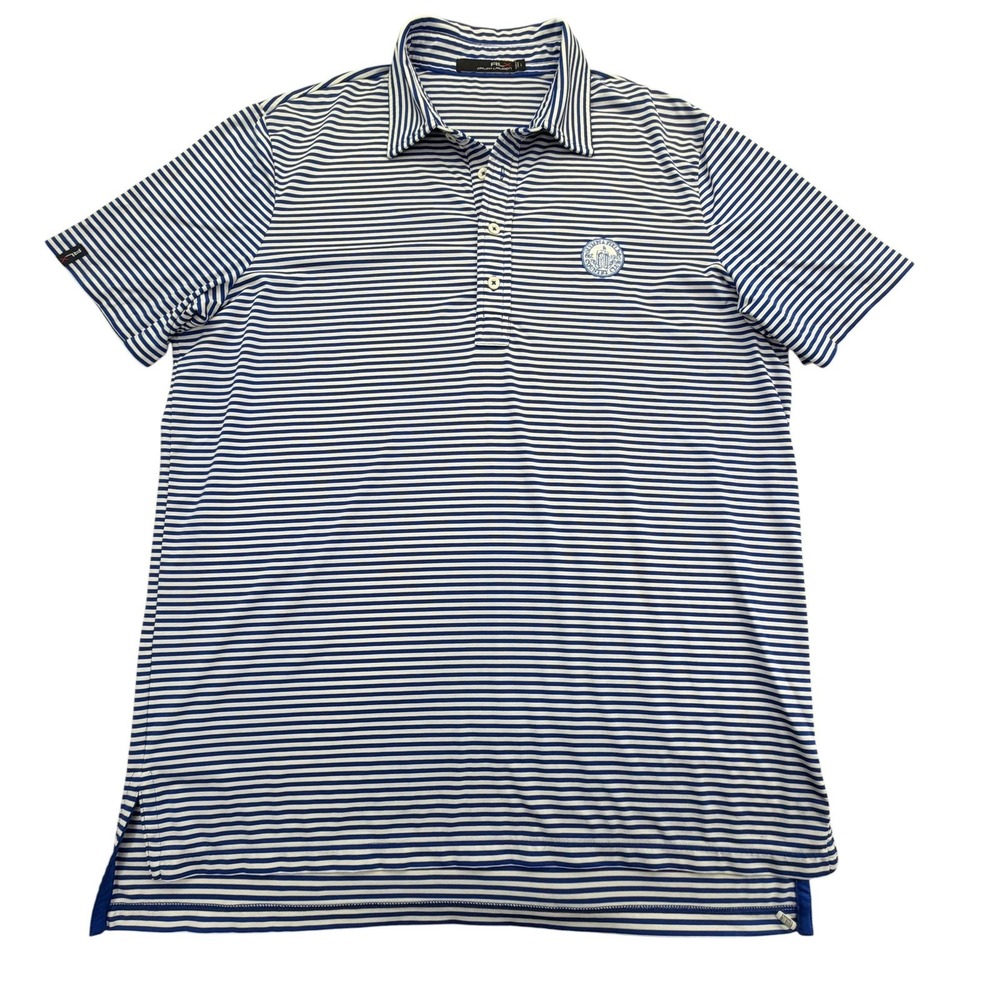 RLX Ralph Lauren Polo Shirt Mens L Blue Striped Olympia Fields Country Club Golf